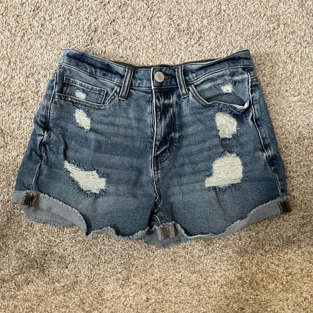 SO Highwaisted Distressed Light Wash Blue Jean Shorts